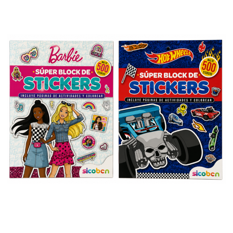 SUPER BLOCK DE STICKERS MATTEL 8 PAG con más de 500 stickers de Barbie y Hot Wheels