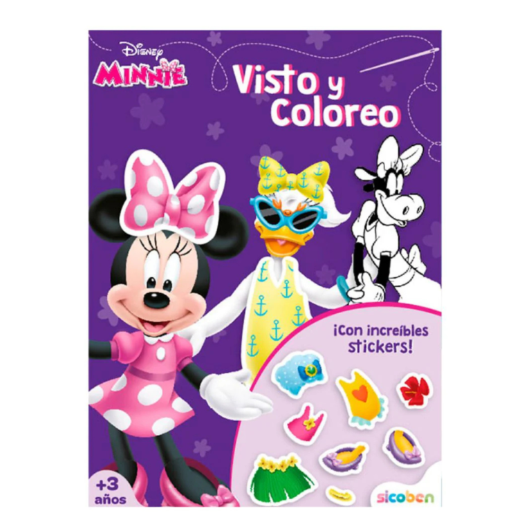 Libro Visto y Coloreo Minnie de SICOBEN con 16 páginas y stickers.