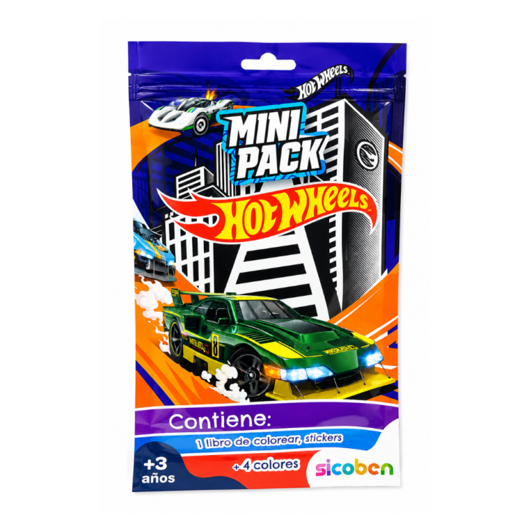SICOBEN MINI PACK DIVERTIDO MATTEL HOT WHEELS con libro para colorear stickers y 4 colores