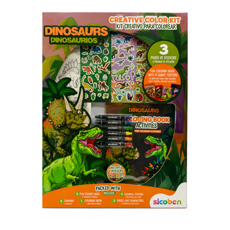 SICOBEN KIT CREATIVO DE COLORES DINOSAURIOS con stickers, crayones y actividades para colorear