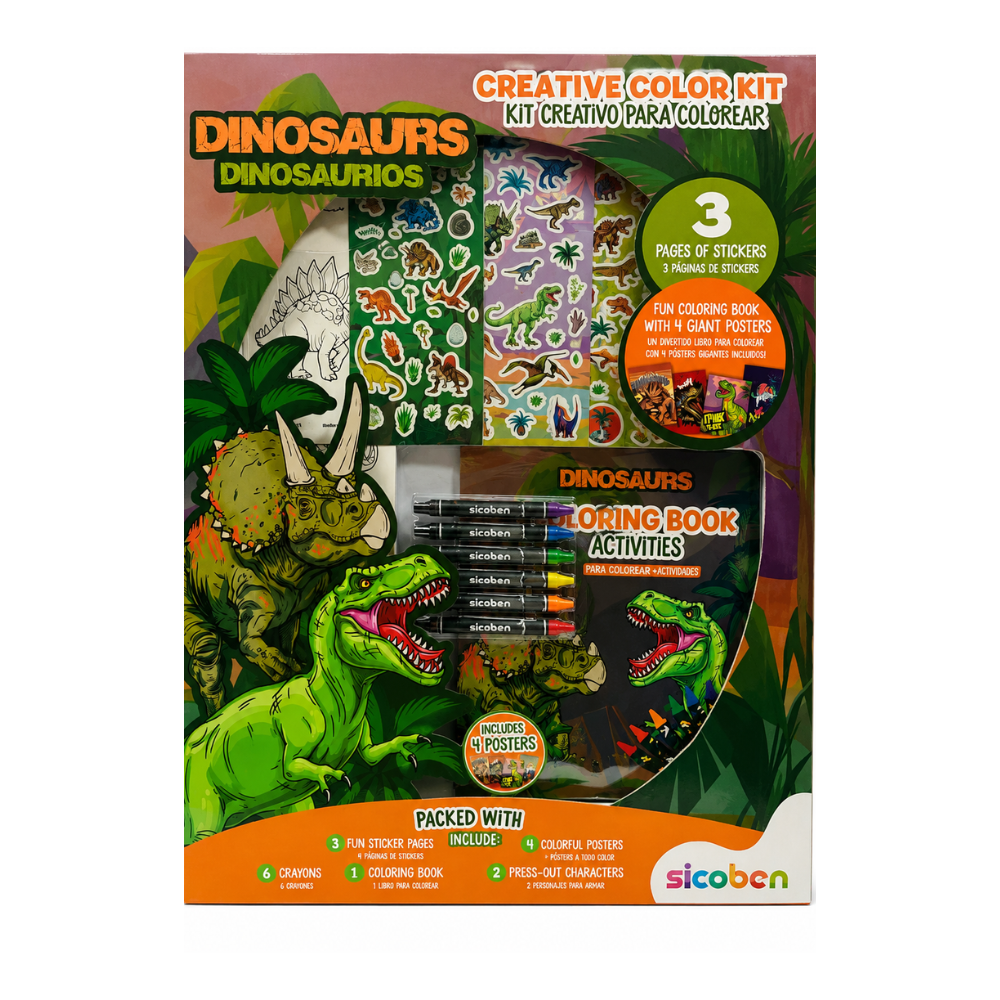 SICOBEN KIT CREATIVO DE COLORES DINOSAURIOS con stickers, crayones y actividades para colorear