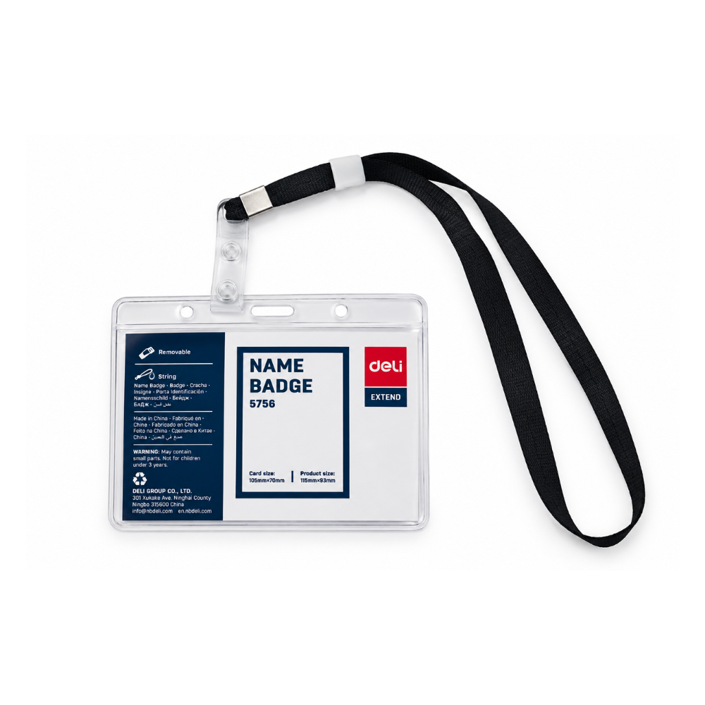 21826 DELI FUNDA DE CARNET TRANSP CPITA LANYARD HORIZONTAL 105X70MM Deli Funda de Carnet Horizontal con Pita Negra 105x70 mm