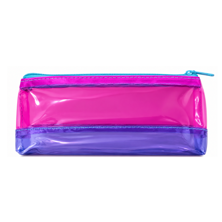 Estuche Merletto transparente juvenil rosa y morado de 20.5 x 9 cm