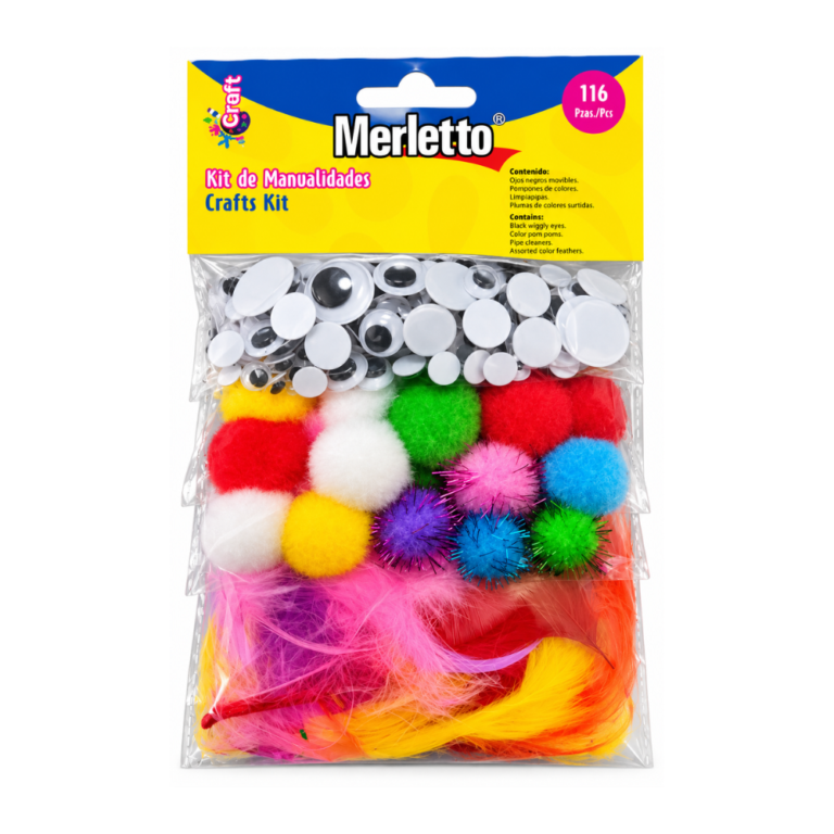 Merletto Set de Manualidades 116 Piezas Pompones Plumas Ojos Móviles