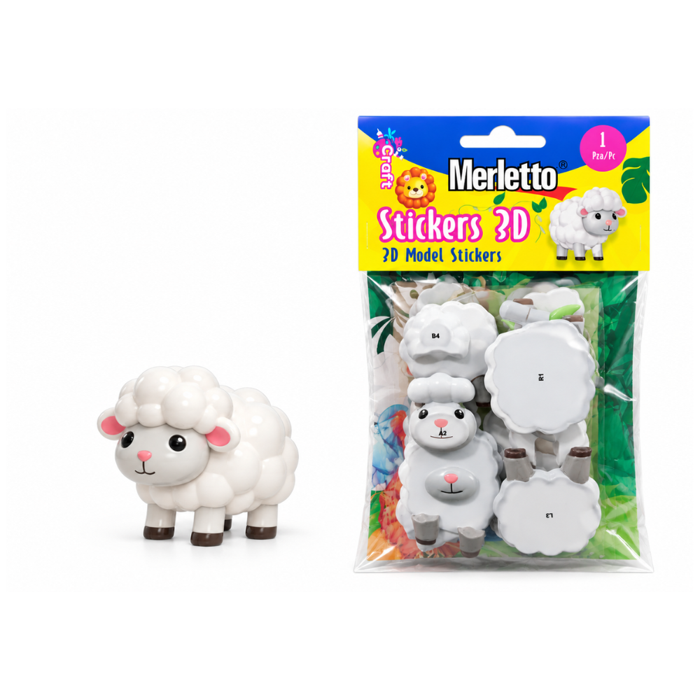 21890 MERLETTO PEGATINAS MODELO 3D oveja MERLETTO PEGATINAS MODELO 3D ANIMALES SURTIDOS (CEBRA / ELEFANTE / LEON / OVEJA / CHIMPANCE / JIRAFA / BALLENA / TORTUGA - Imagen 1